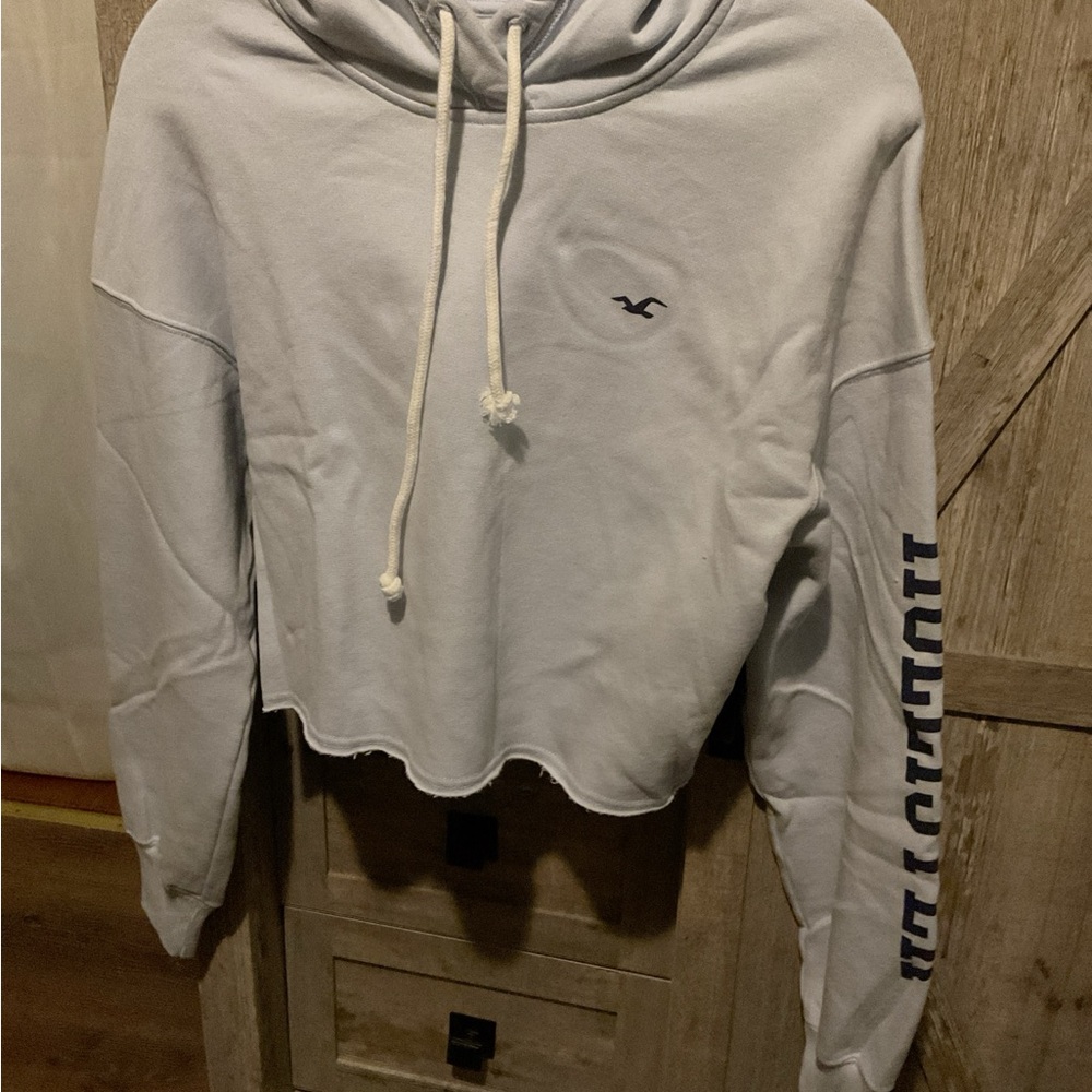Hollister Women's Pale Blue Hoodie with Navy Sleeve Print